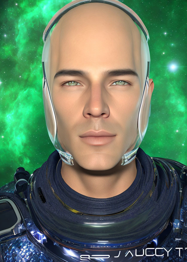 Male astronaut digital artwork with futuristic helmet in space