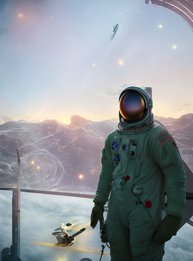 Astronaut in surreal sci-fi landscape with flying ships