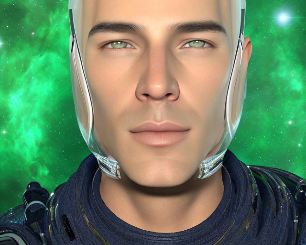 Male astronaut digital artwork with futuristic helmet in space