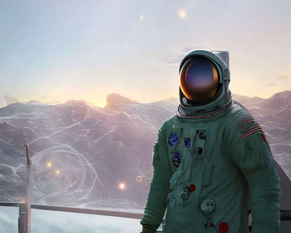 Astronaut in surreal sci-fi landscape with flying ships