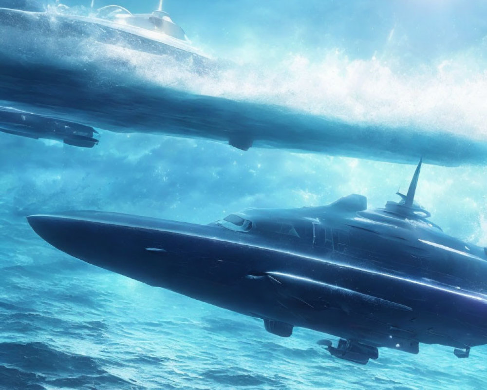 Futuristic submarines underwater with bright light filtering through.