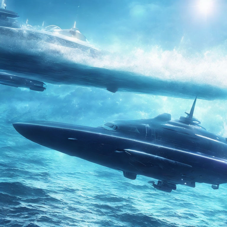 Futuristic submarines underwater with bright light filtering through.