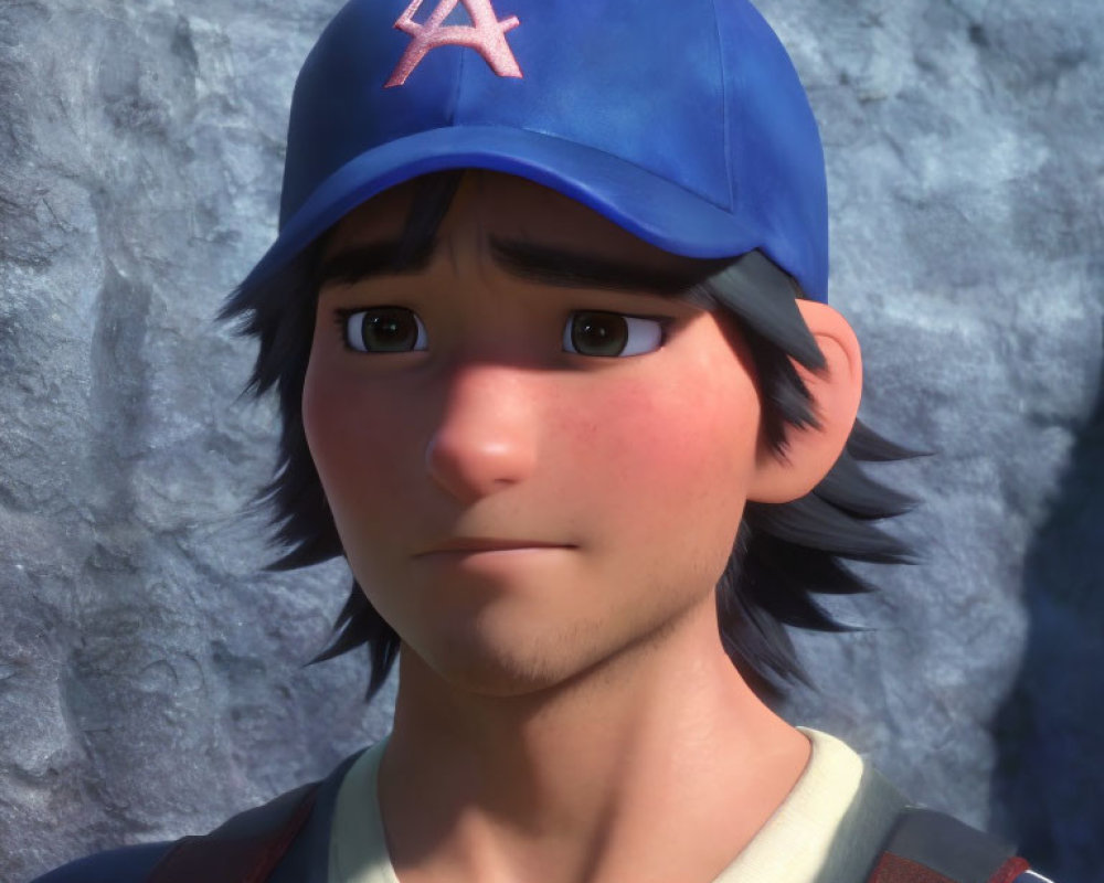 Young Male Character in Blue Cap with Concerned Expression Against Stone Wall