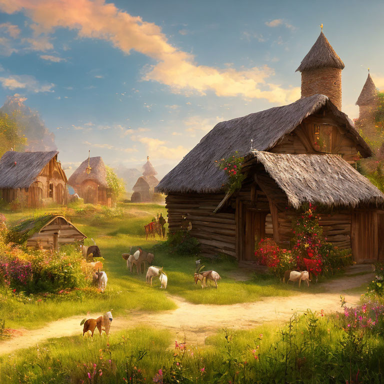 Rustic village scene with wooden cottages, tower, sheep, plants, dirt path, sunset