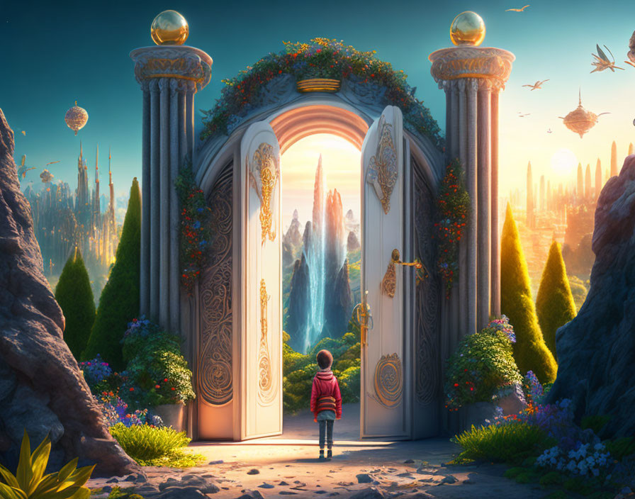 Child gazes at fantastical city through ornate gate at sunrise