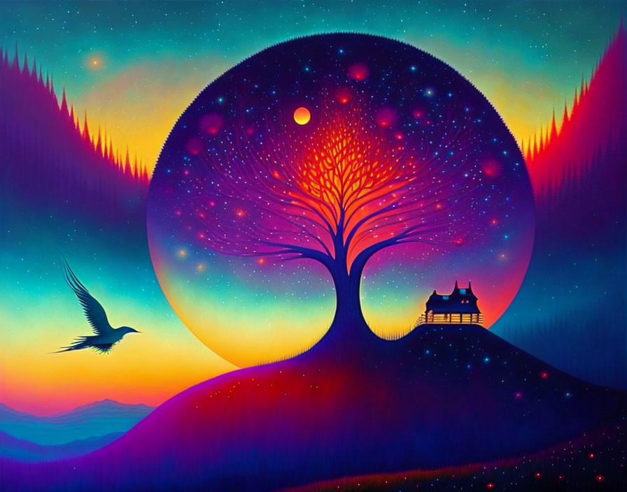 Majestic tree with starry sky, cottage, and bird in twilight scene