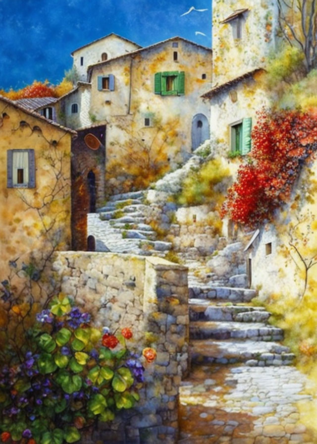 Vibrant watercolor: Sunlit European village with stone houses & flowers