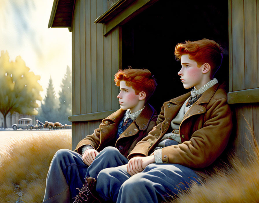 Two red-haired boys in vintage clothing against wooden building with rural backdrop.