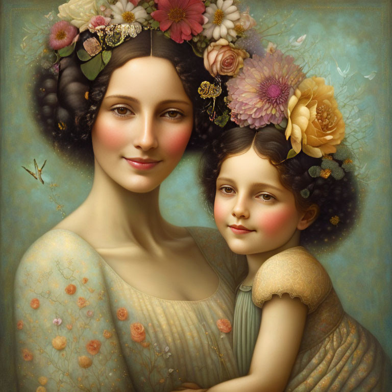 Woman and girl portrait with serene expressions and floral headpieces.