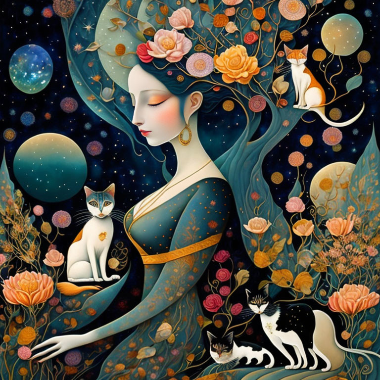 Stylized woman with floral hair, cats, and cosmic elements on dark, starry backdrop