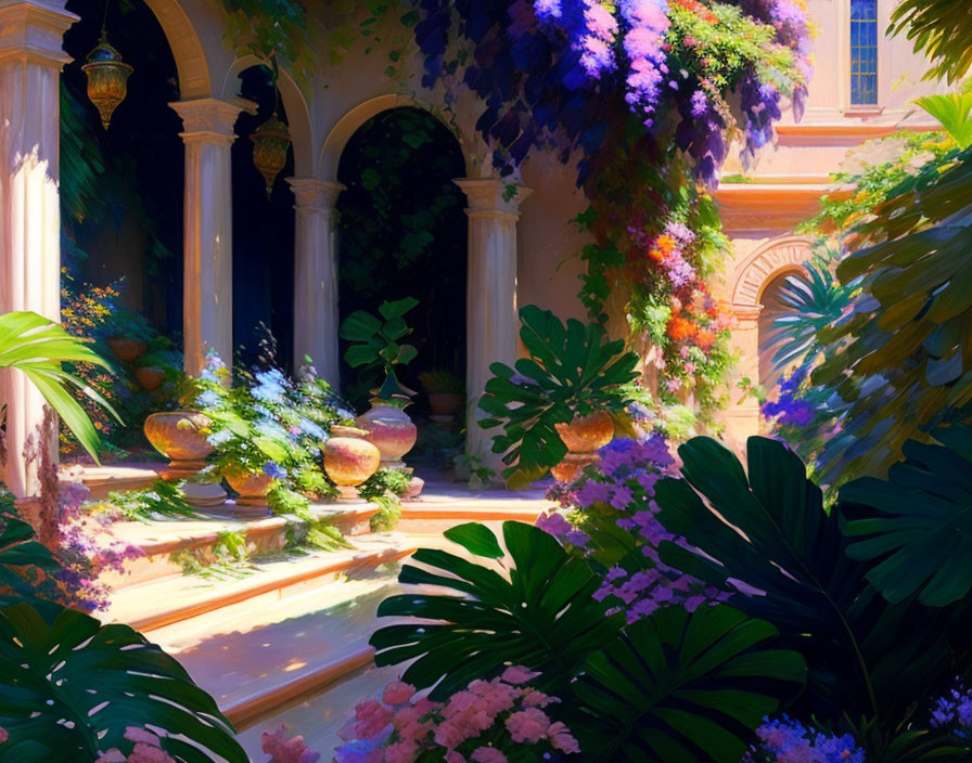 Vibrant garden with lush foliage, flowers, vases, and classical architecture