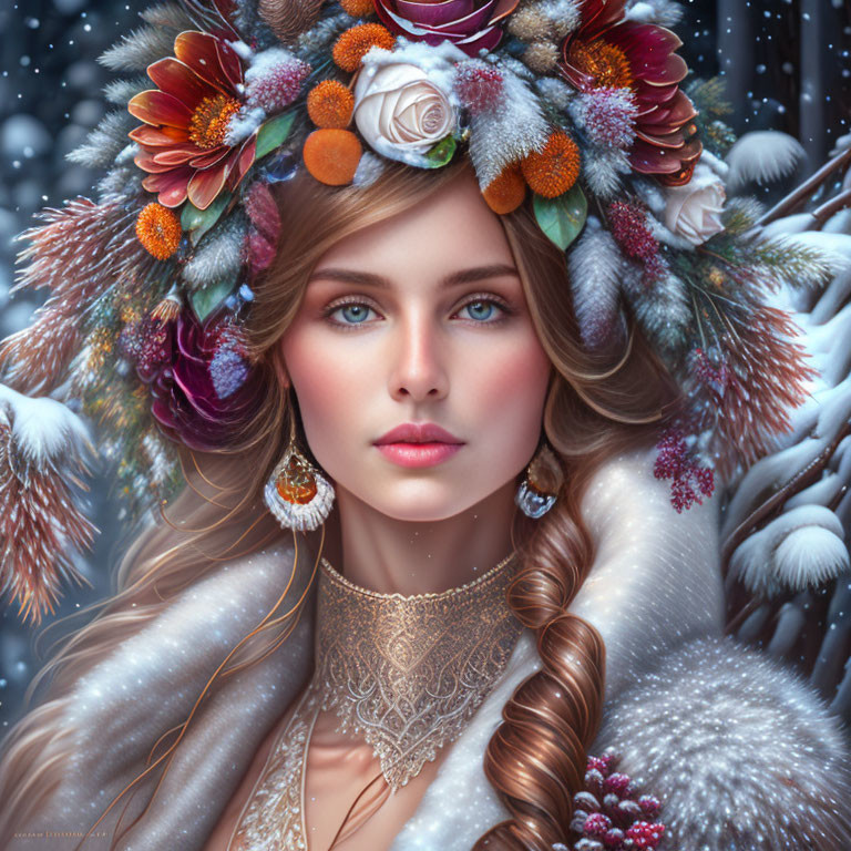 Woman with Snowy Floral Wreath, Blue Eyes, Fur Cloak & Jewelry