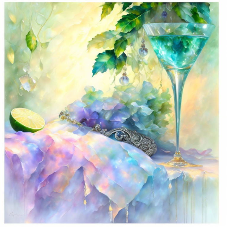 Colorful painting of martini glass, lime, jewelry, grapes & vines in soft hues