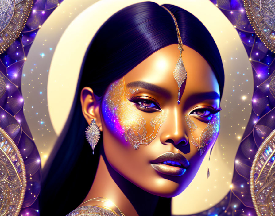 Illustrated woman with golden jewelry and sparkling makeup in mandala patterns on starry background