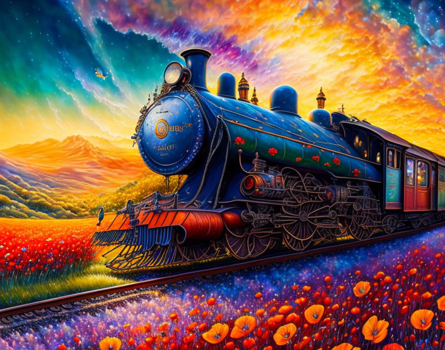 Colorful Vintage Steam Train Painting in Poppy Field Sky