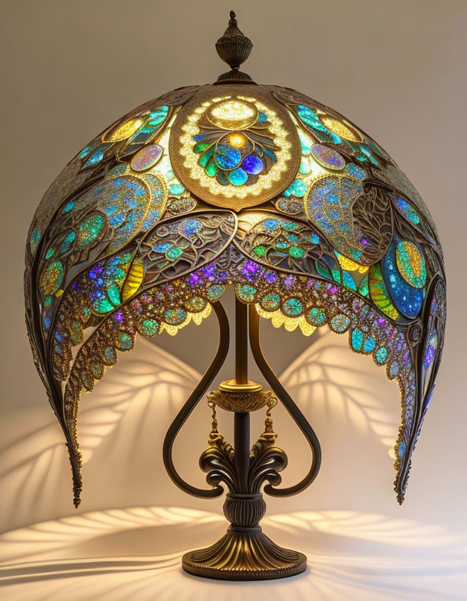 Multicolored Stained Glass Tiffany-Style Table Lamp with Bronze Base