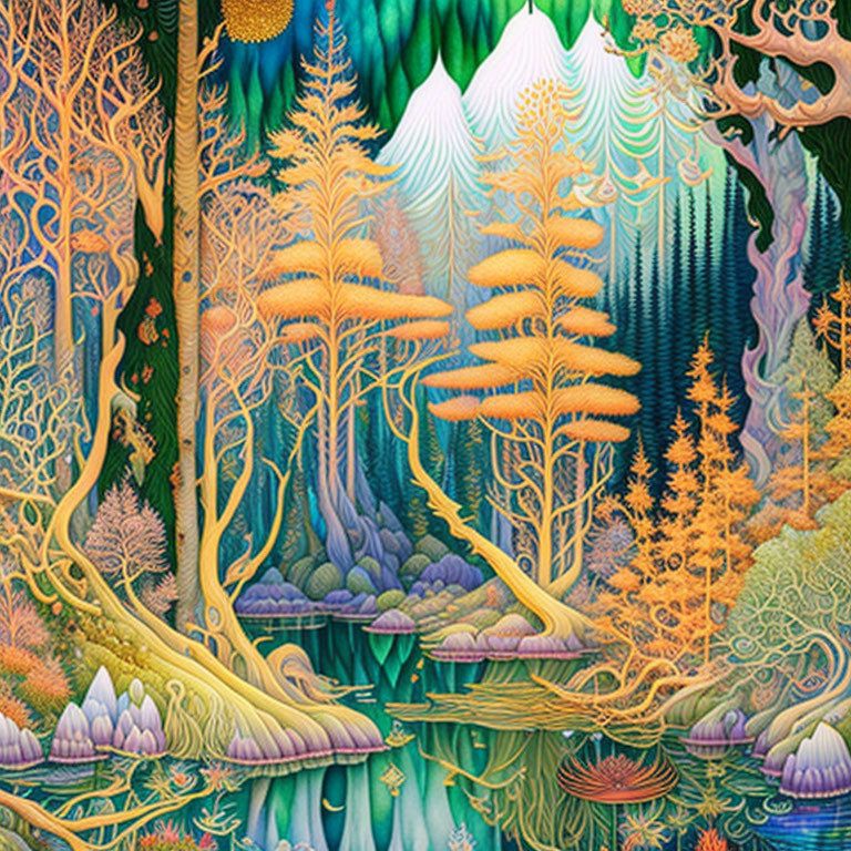 Detailed mythical forest illustration with diverse flora and snowy mountains.