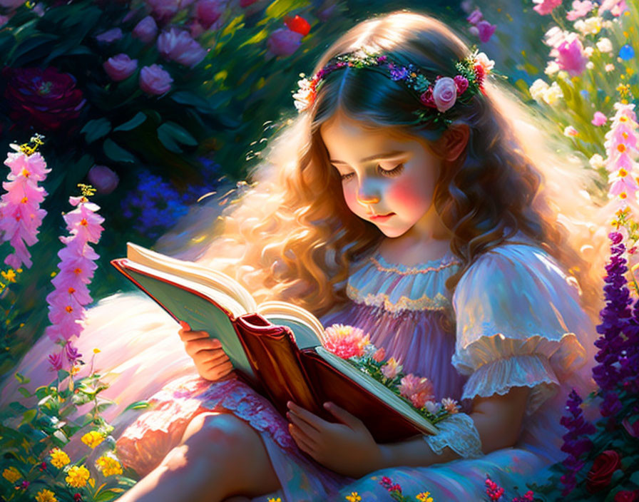 Young girl in floral headband reading book in sunlit garden surrounded by colorful flowers