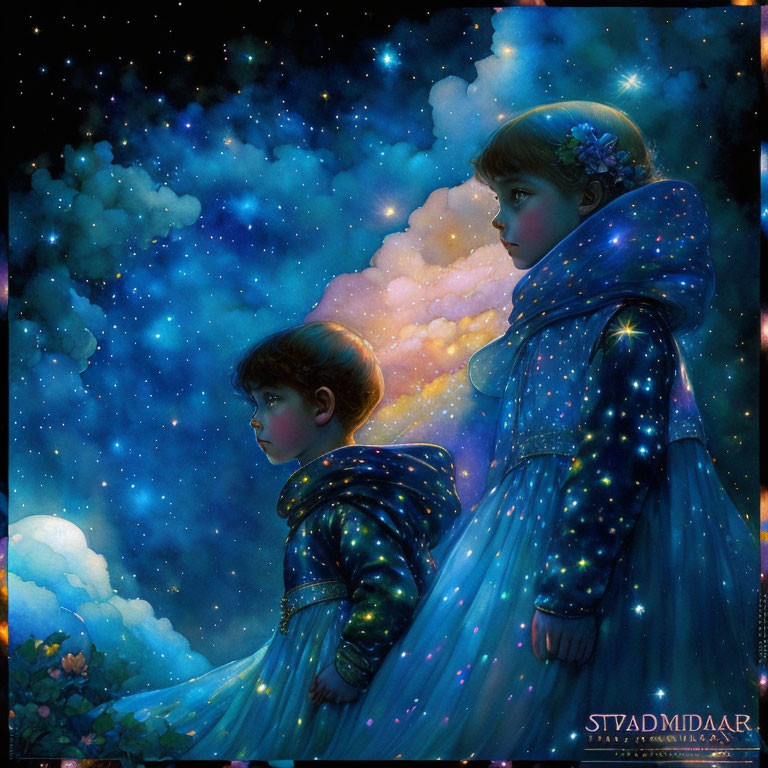 Children in cosmic cloaks under starry sky and nebulae.