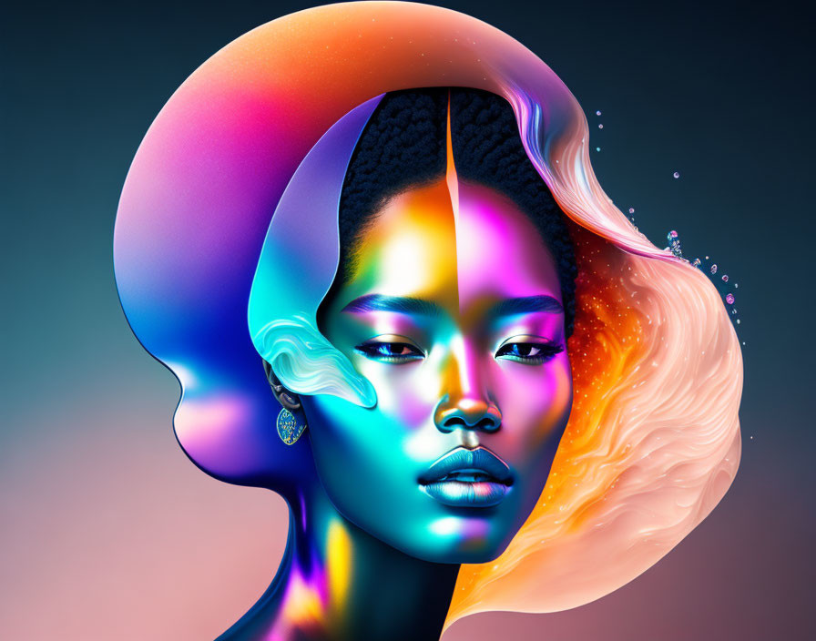 Colorful digital art: Woman's iridescent profile in cosmic backdrop