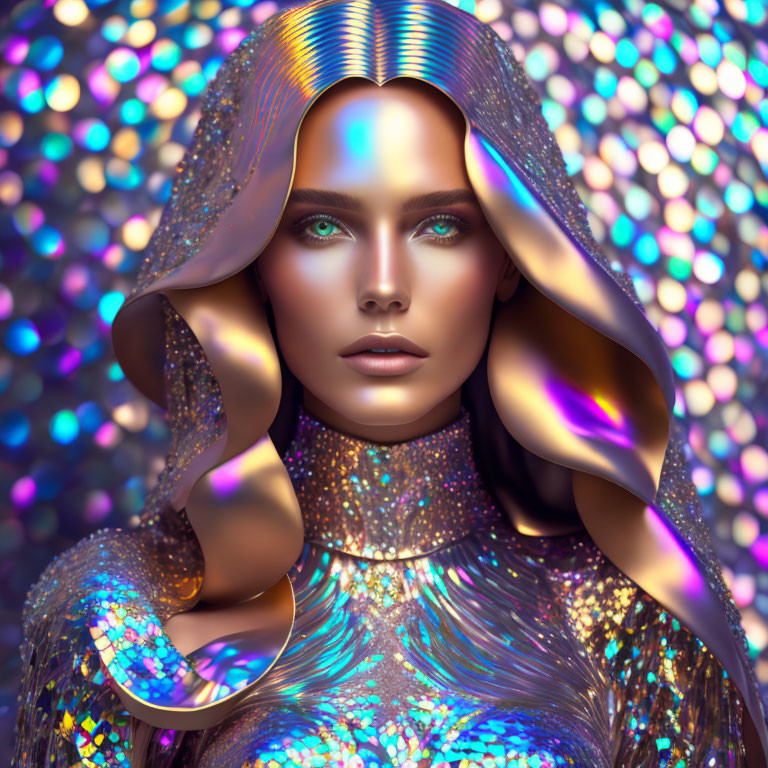 Futuristic digital art portrait of a woman in iridescent attire