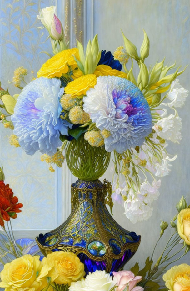 Colorful bouquet of blue, yellow, and white flowers in ornate blue and gold vase