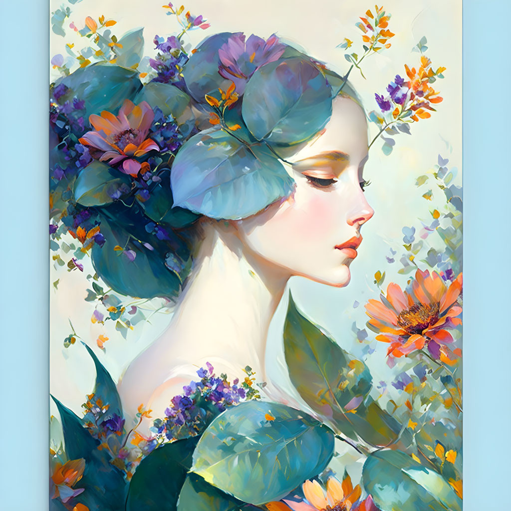 Profile portrait of a woman surrounded by vibrant flowers and leaves in soft pastel tones