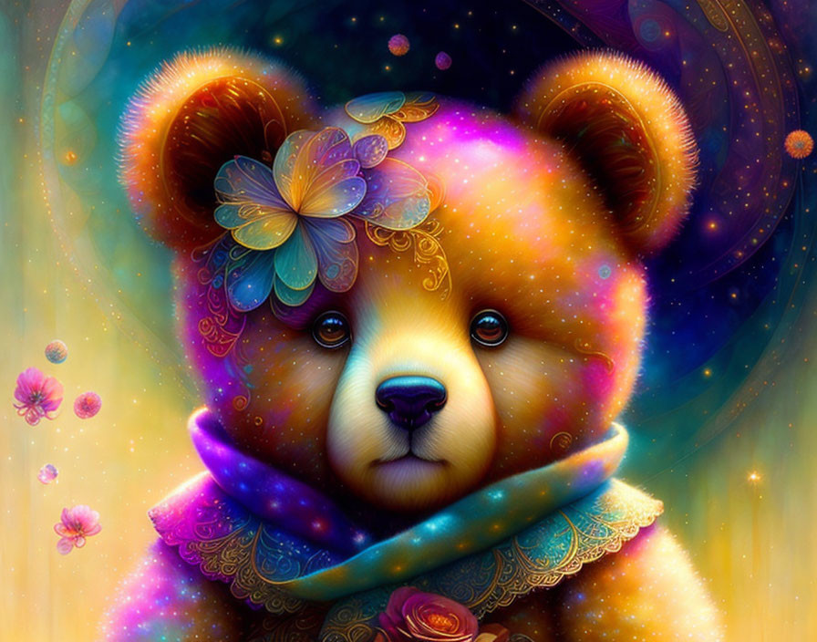 Whimsical teddy bear illustration with floral patterns in cosmic glow