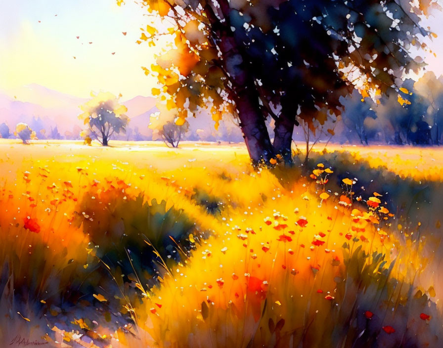 Sunlit meadow painting with wildflowers, tree, and mountains