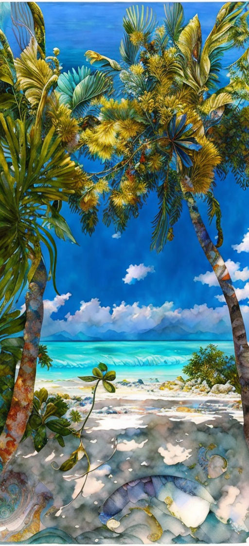 Tropical beach with palm trees, turquoise sea, white sand, and marine life.