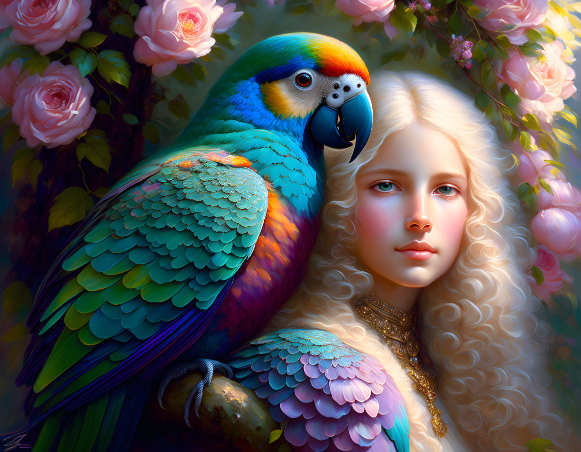 Close-Up Digital Art: Girl with Blonde Hair and Parrot in Soft Light