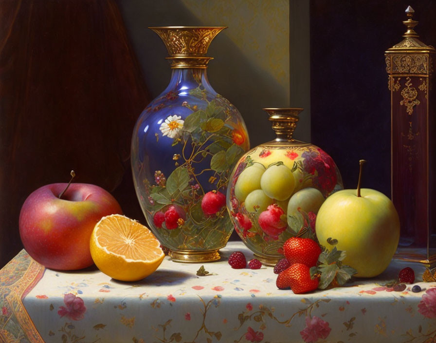 Blue vase, floral jar, fruits on patterned tablecloth in still life painting