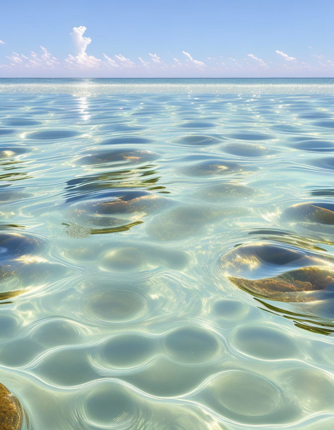 Tranquil blue water with round stones under a cloudy sky