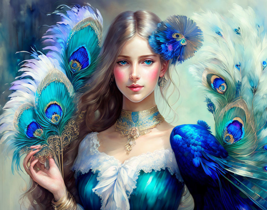 Digital artwork: Woman with peacock feathers, blue eyes, and peacock companion