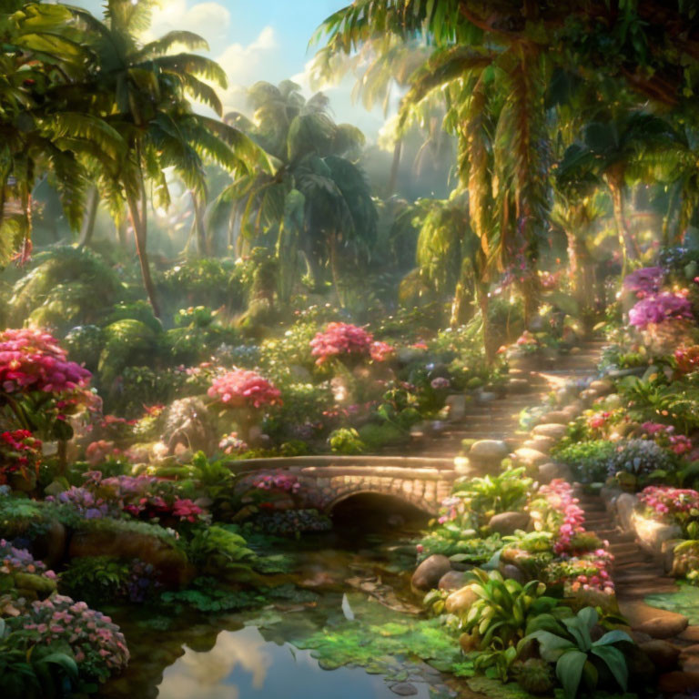 Tranquil tropical garden with vibrant flowers and stone bridge