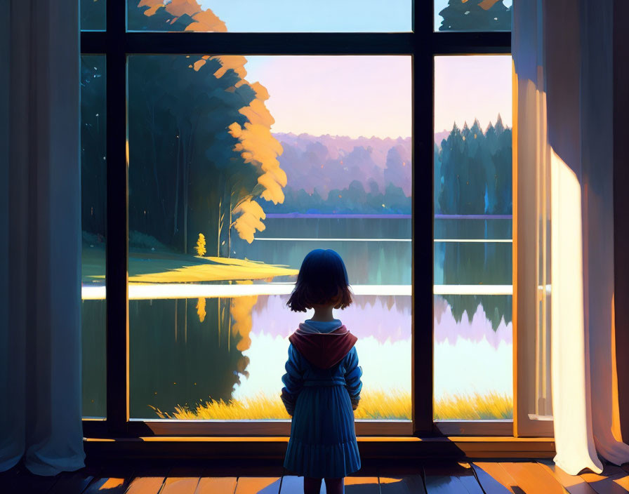 Child admires sunset over serene lake and trees through window