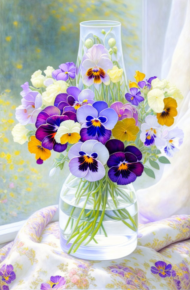 Purple and Yellow Pansies in Clear Glass Vase with Floral Patterned White Fabric