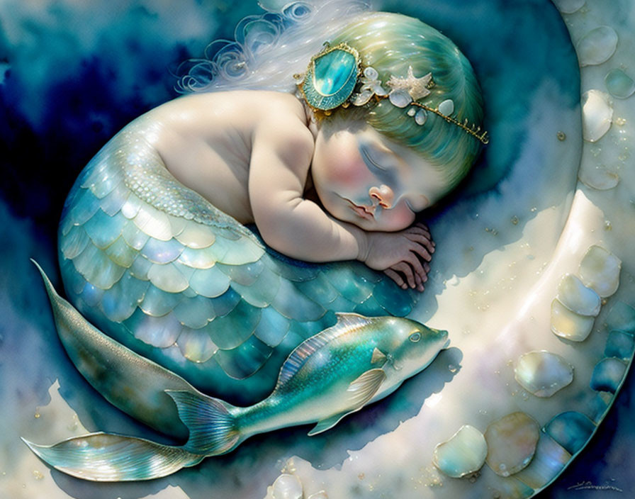 Baby mermaid sleeping on crescent moon in sea with fish