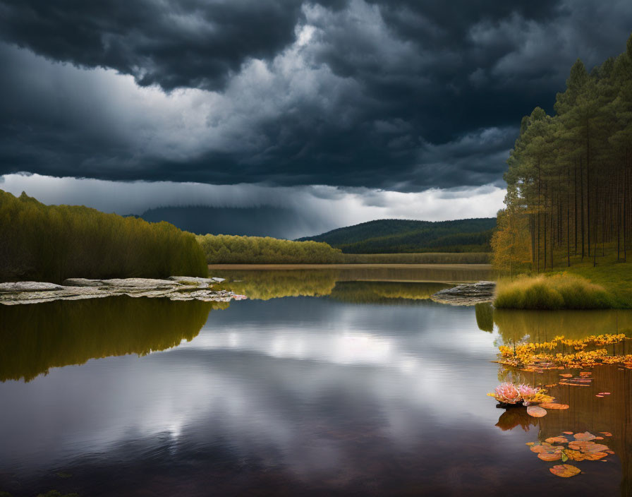 Tranquil lake scene with dark clouds, forest, and lily pads