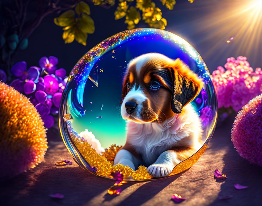 Puppy in transparent bubble with cosmic background and vibrant flowers