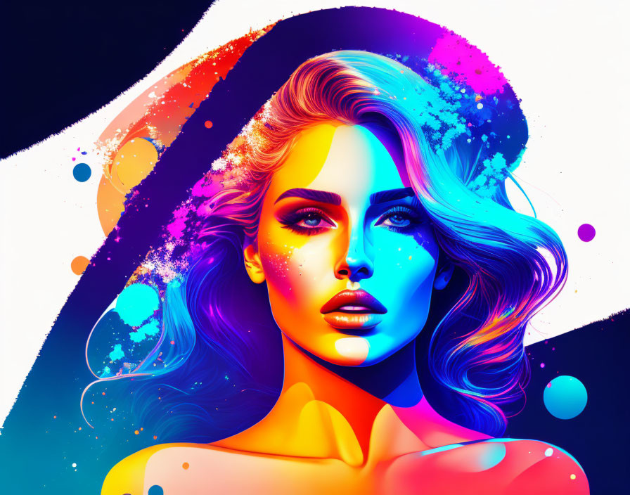 Colorful Neon Digital Portrait of a Woman with Abstract Shapes