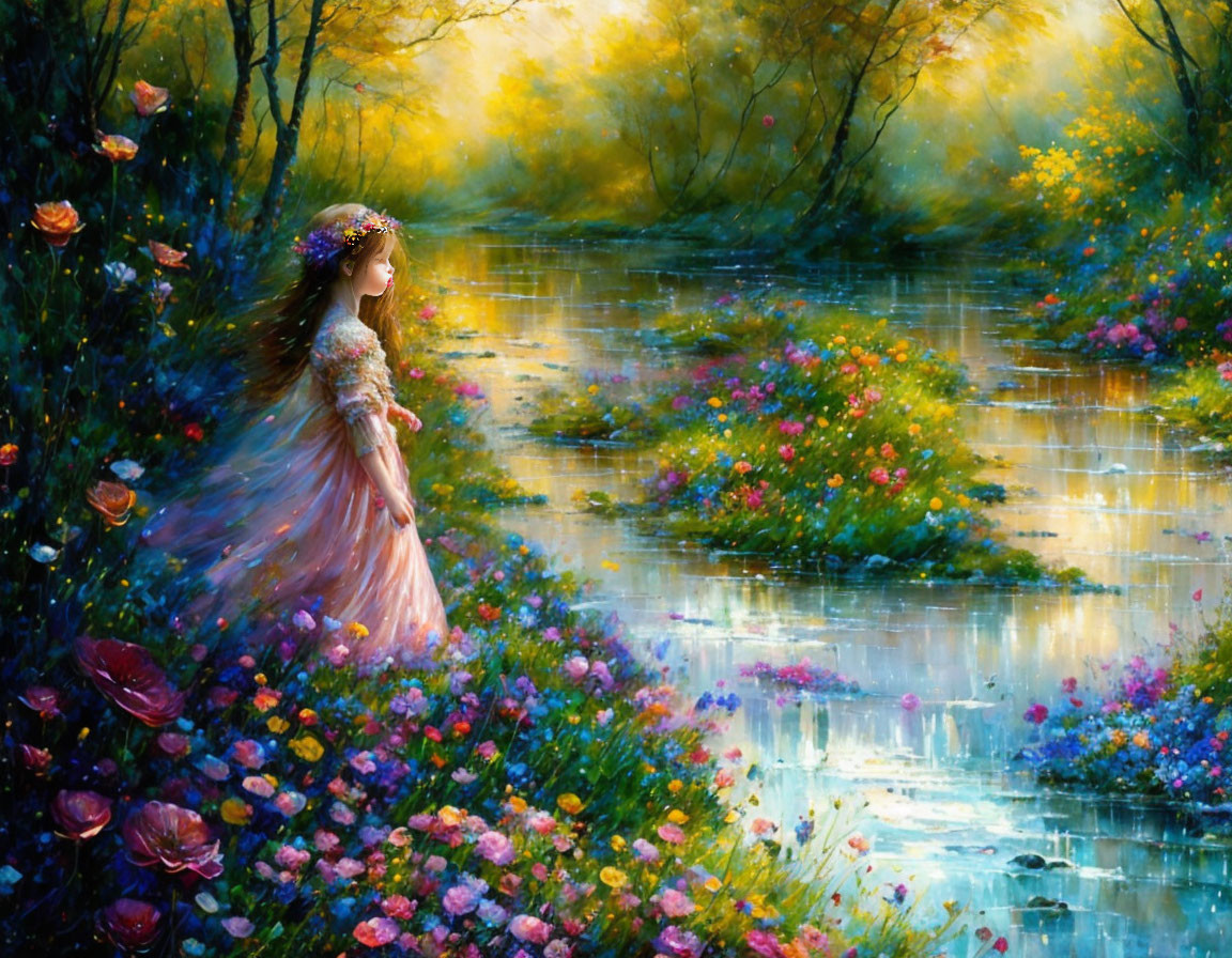 Woman in Floral Dress by Vibrant Riverbank in Colorful Forest
