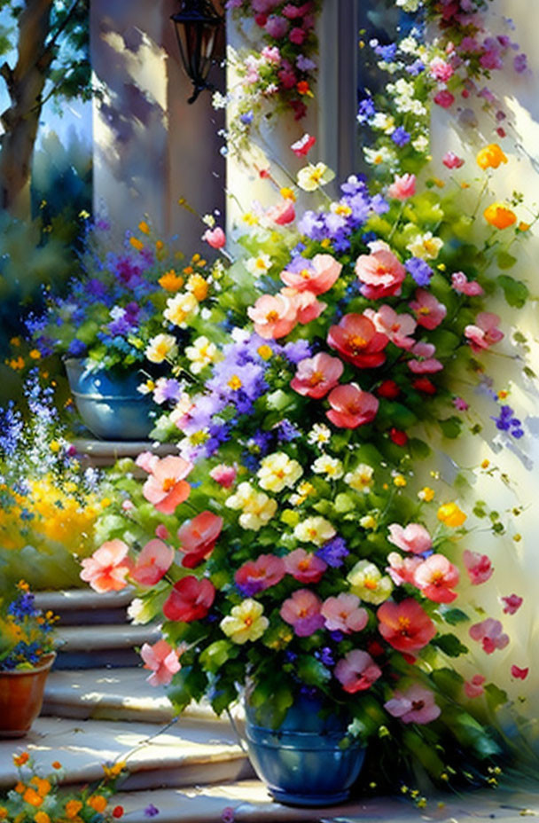 Colorful Flower Cascade Beside Sunlit Wall and Elegant Doorway