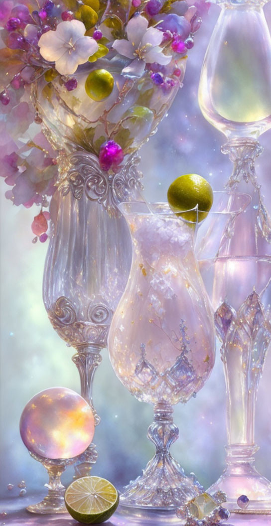 Crystal Glassware, Flowers, Lime Slices on Pastel Background