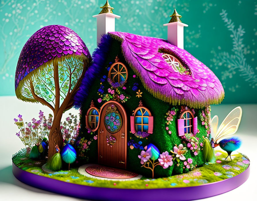 Whimsical fairy-tale house with purple thatched roofs and peacock