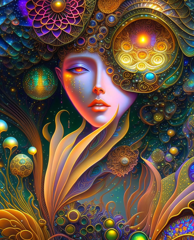 Colorful digital artwork: Woman's face with cosmic elements, intricate patterns, bright colors, celestial motifs