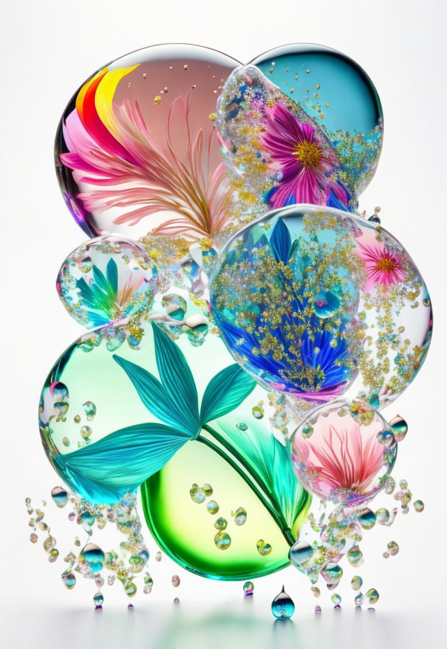 Vibrant Flower and Abstract Bubble Art on White Background