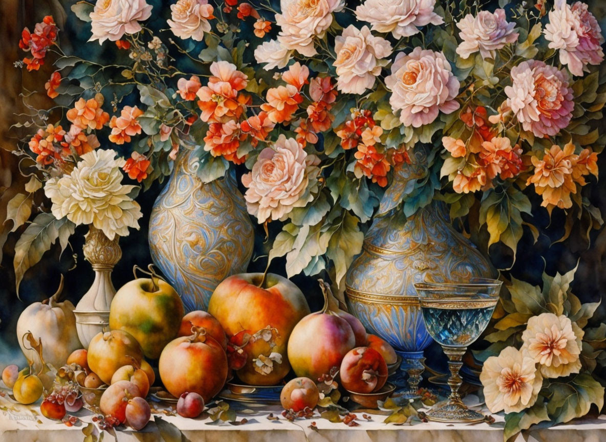 Colorful still life painting with flowers, fruits, and vases on table