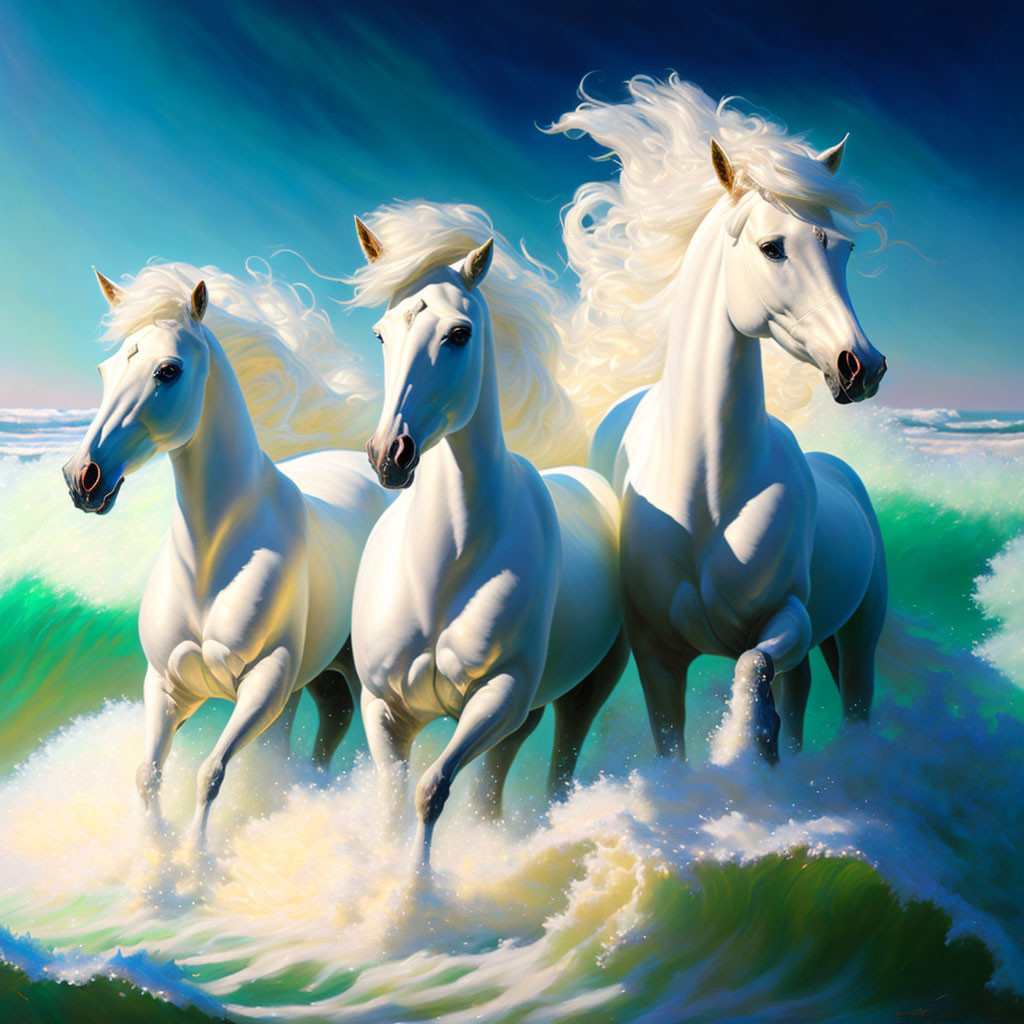 Majestic white horses running on beach under bright sky