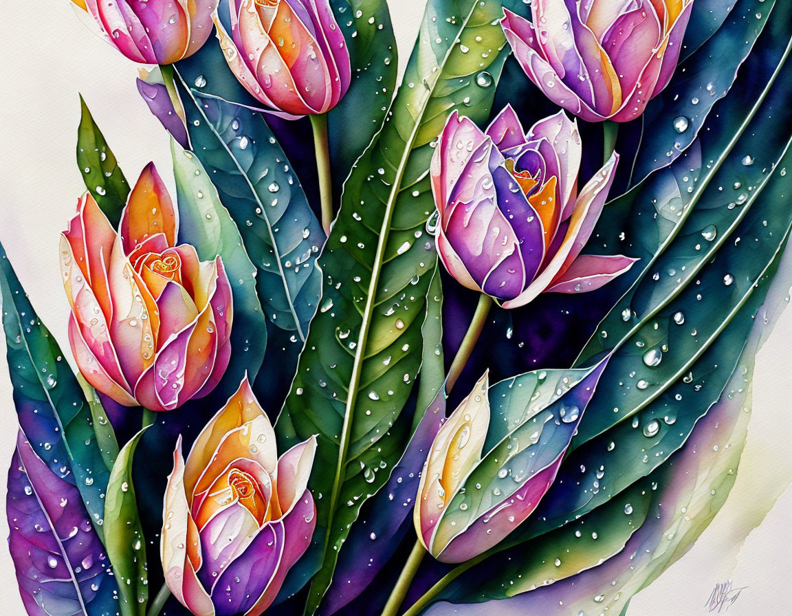 Colorful Watercolor Painting of Dew-Covered Tulips in Purple, Pink, Yellow, and